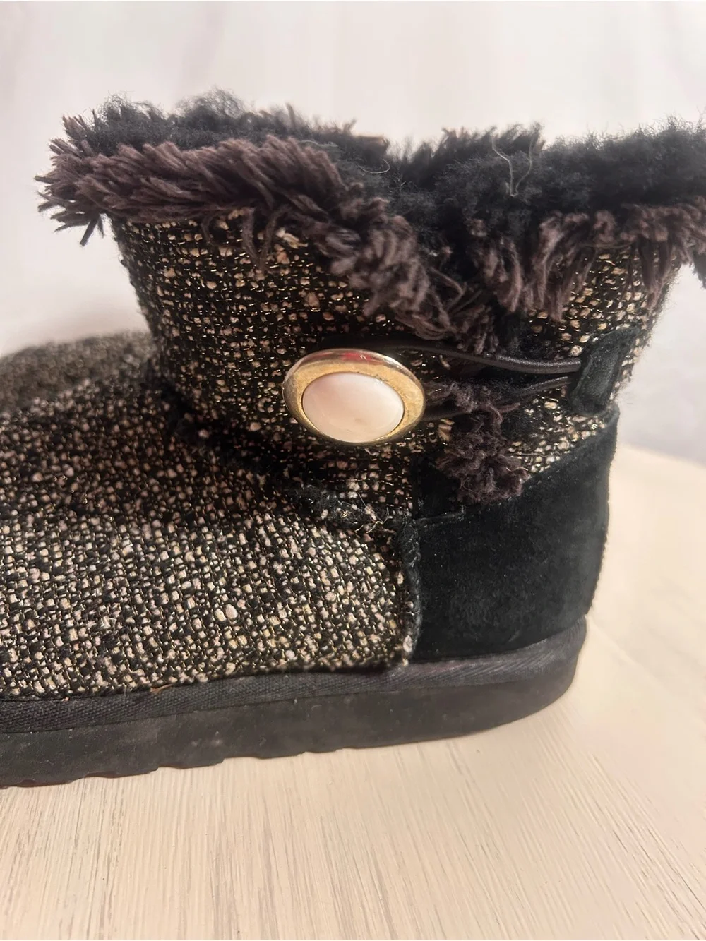 UGG Black Tweed Faux Fur Cuff Ankle Boots with Button Accent